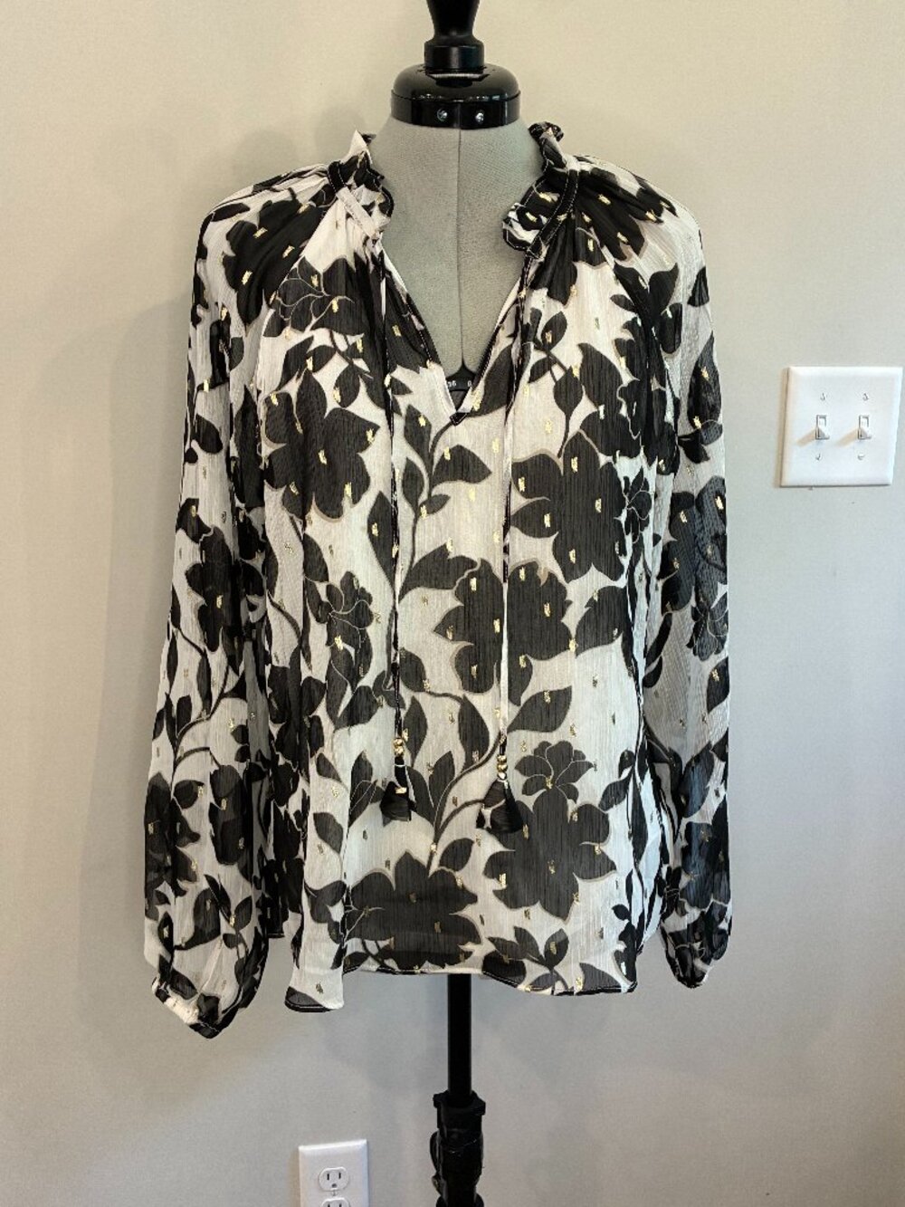 NWT HAVER London Black Cream Gold Floral Sheer Blouse M Ruffle Neck Boho 0338